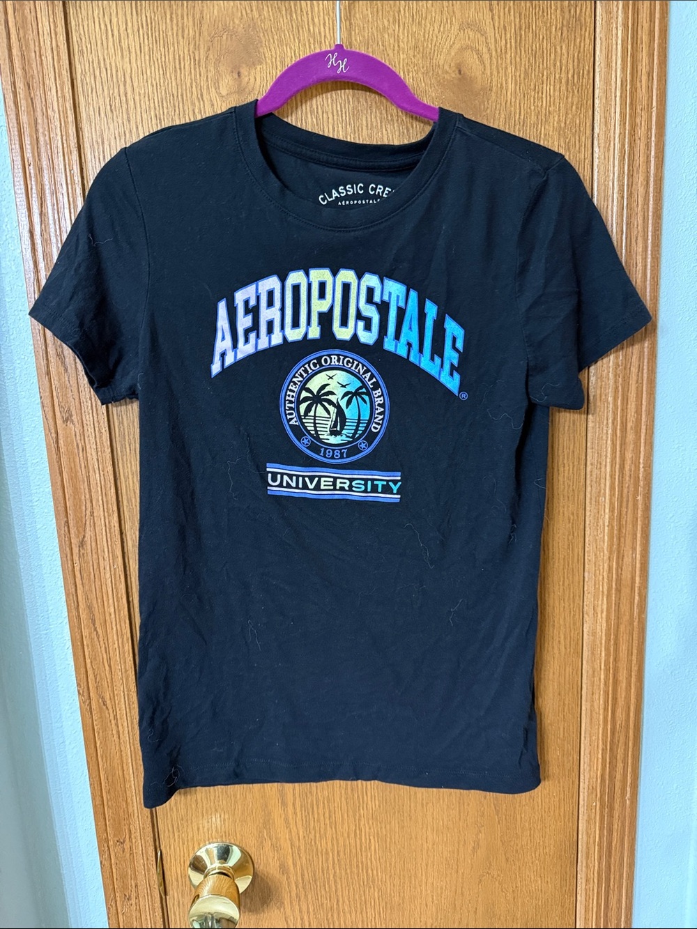 Aeropostale Black Short Sleeve Tee with Blue & Yellow Logo